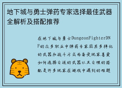 地下城与勇士弹药专家选择最佳武器全解析及搭配推荐