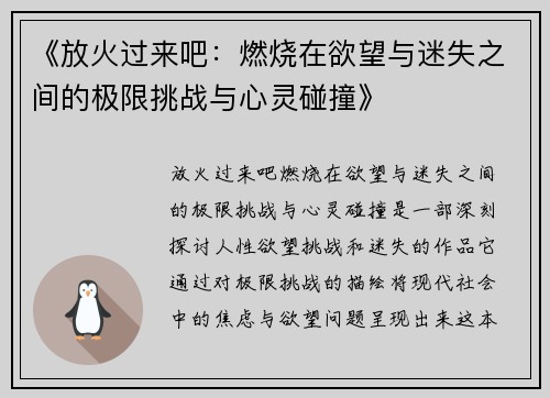 《放火过来吧：燃烧在欲望与迷失之间的极限挑战与心灵碰撞》