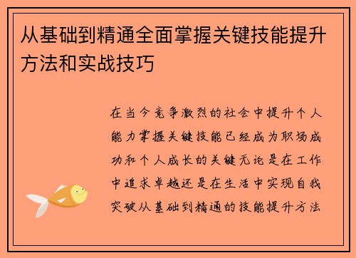 从基础到精通全面掌握关键技能提升方法和实战技巧