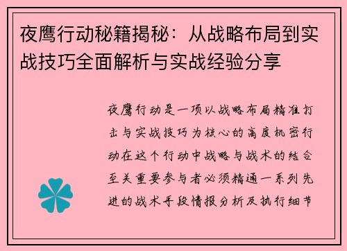 夜鹰行动秘籍揭秘：从战略布局到实战技巧全面解析与实战经验分享
